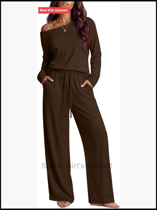 Pants - Women's 2 Piece Lounge Set Off Shoulder Top Wide Leg Pants